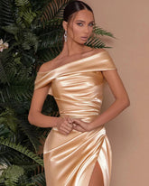 Gorgeous Champagne Gold Mermaid Evening Dress Off-the-Shoulder Split